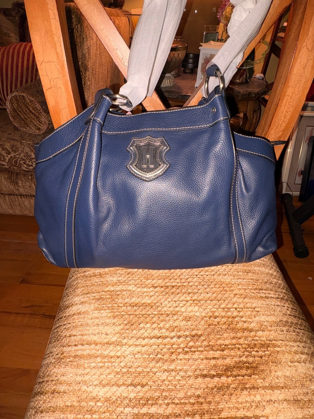 Blue Leather Shoulder Bag with Crest Detail